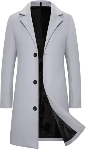 XUETON Men Classic Single Breasted Trench Coat Winter Wool Blend Pea Coat Oversized Warm Lapel Work Business Jacket Outerwear(Grey,5X-Large)