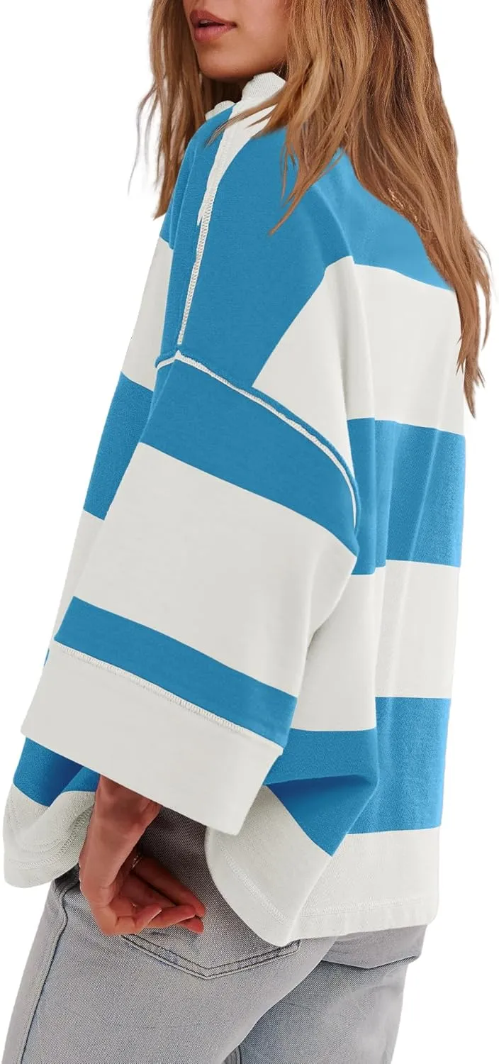 Yanekop Womens Oversized Striped Shirt Half Zip Sweatshirt Color Block V Neck Top Casual Loose Pullover Y2k