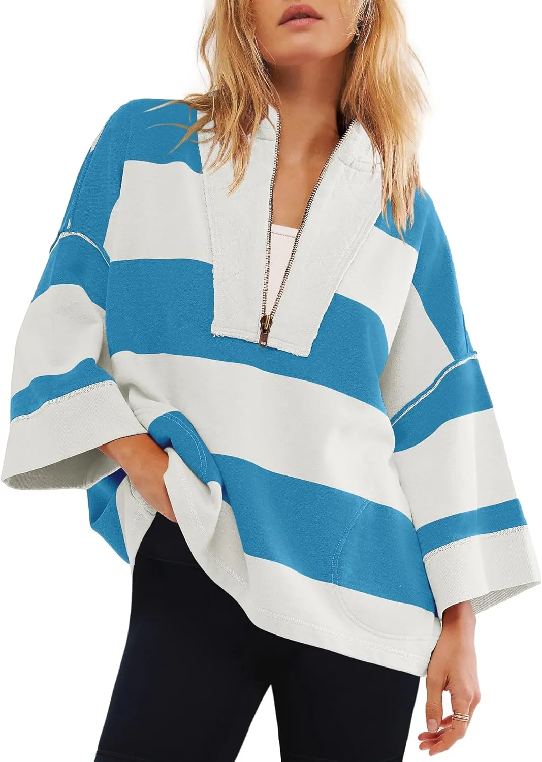 Yanekop Womens Oversized Striped Shirt Half Zip Sweatshirt Color Block V Neck Top Casual Loose Pullover Y2k