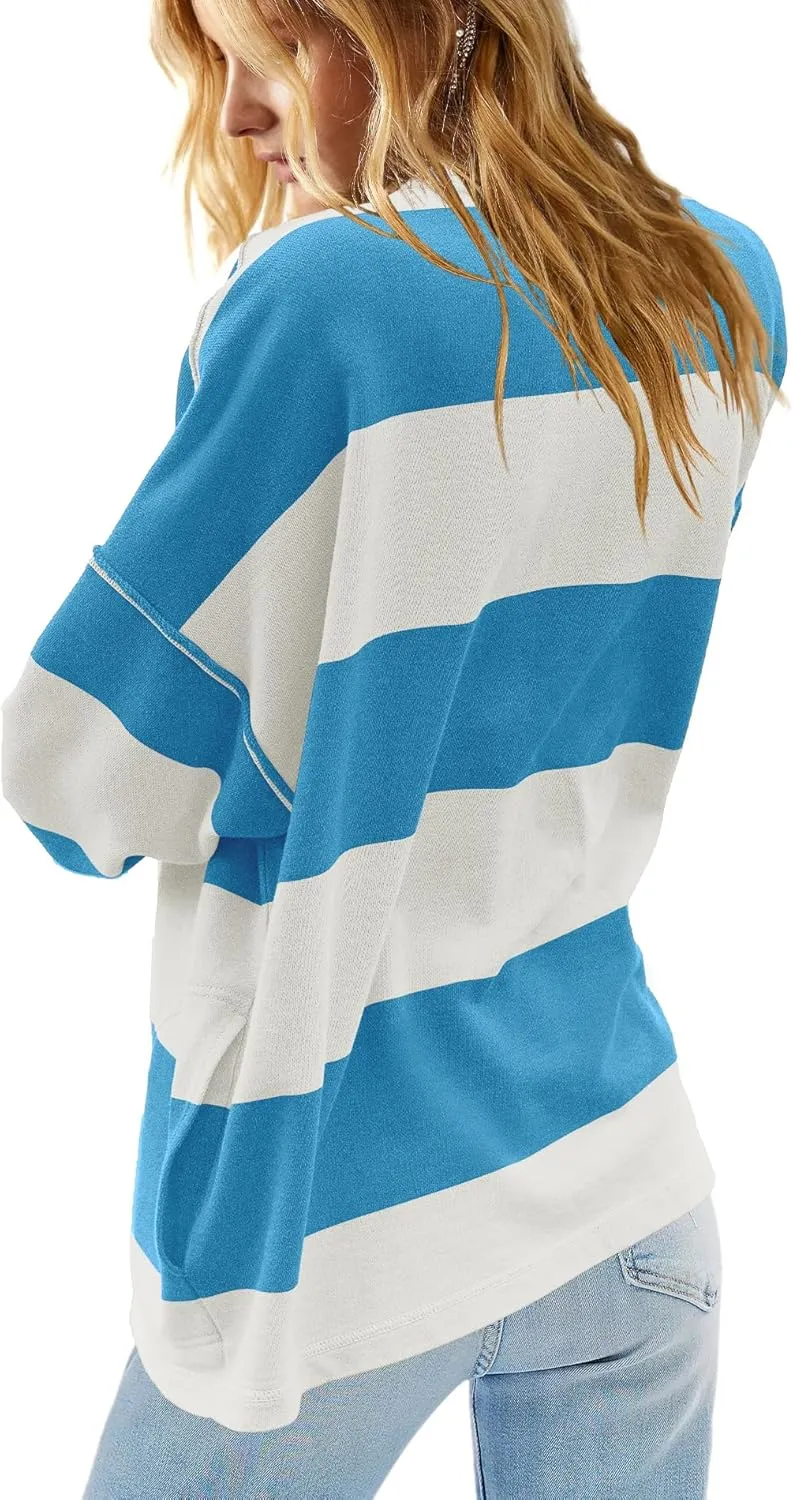 Yanekop Womens Oversized Striped Shirt Half Zip Sweatshirt Color Block V Neck Top Casual Loose Pullover Y2k