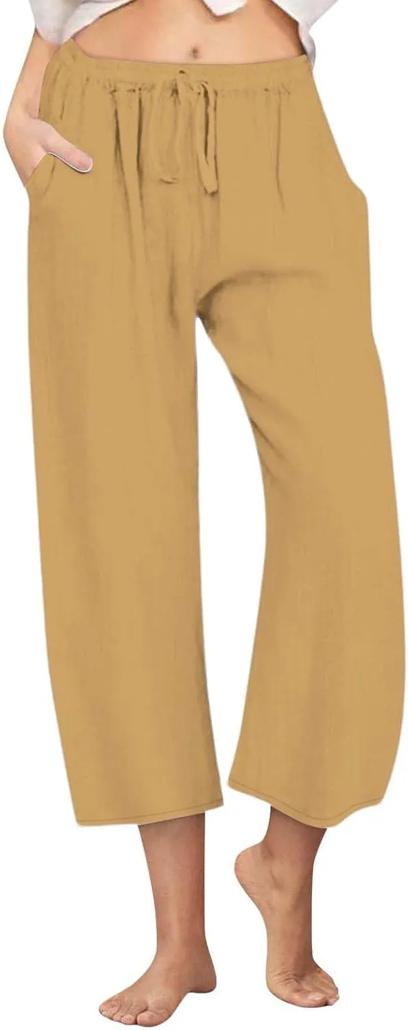 yardsong Capri Pants for Women Cotton Linen Summer Wide Leg Pants Casual Loose Fit Drawstring Boho Beach Pant with Pockets