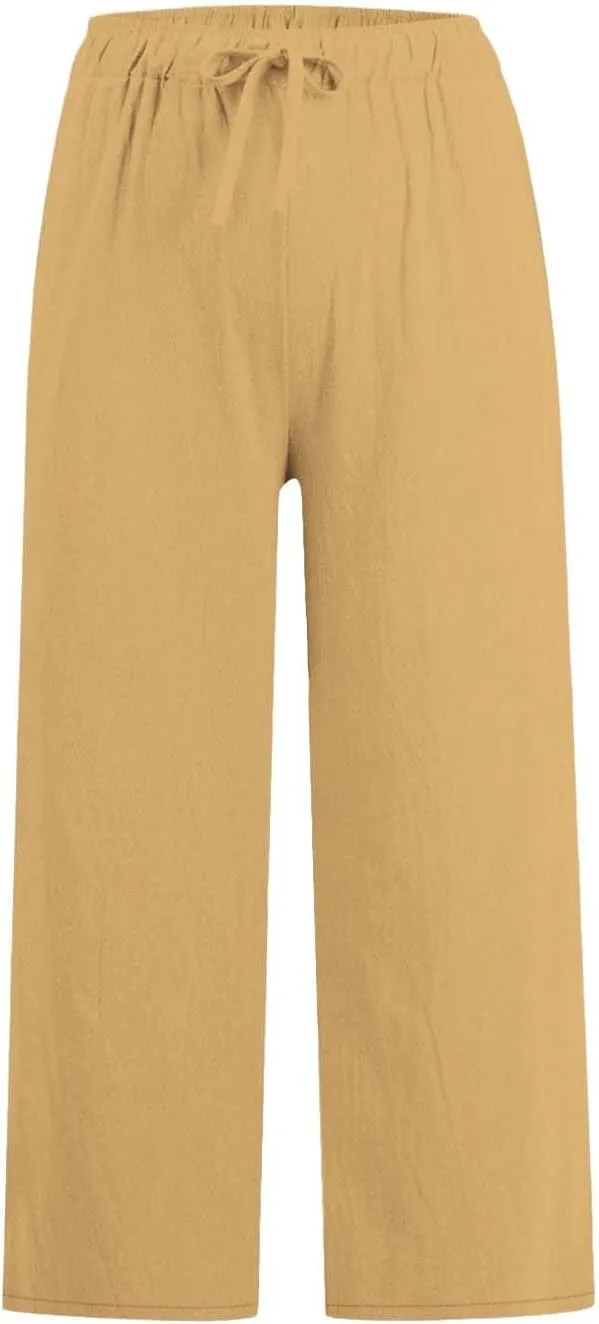 yardsong Capri Pants for Women Cotton Linen Summer Wide Leg Pants Casual Loose Fit Drawstring Boho Beach Pant with Pockets
