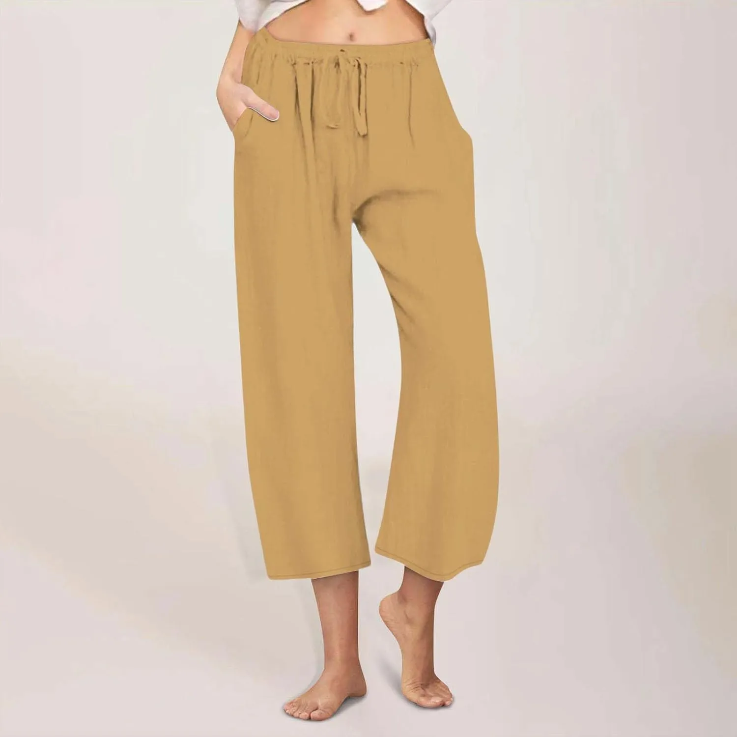 yardsong Capri Pants for Women Cotton Linen Summer Wide Leg Pants Casual Loose Fit Drawstring Boho Beach Pant with Pockets