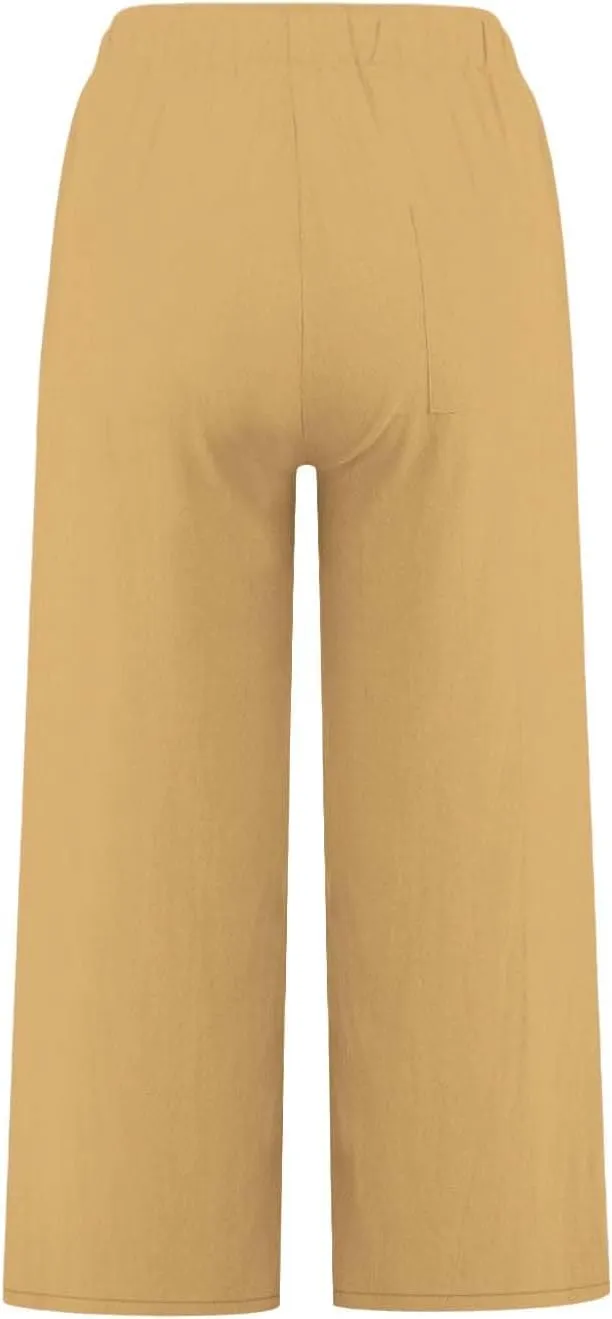 yardsong Capri Pants for Women Cotton Linen Summer Wide Leg Pants Casual Loose Fit Drawstring Boho Beach Pant with Pockets