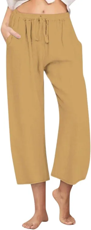 yardsong Capri Pants for Women Cotton Linen Summer Wide Leg Pants Casual Loose Fit Drawstring Boho Beach Pant with Pockets