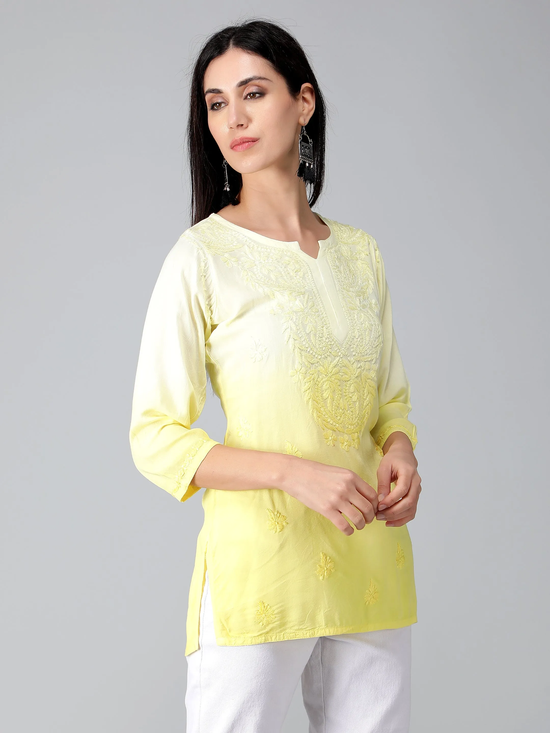 Yellow Rayon Chikankari Straight Tunic Top