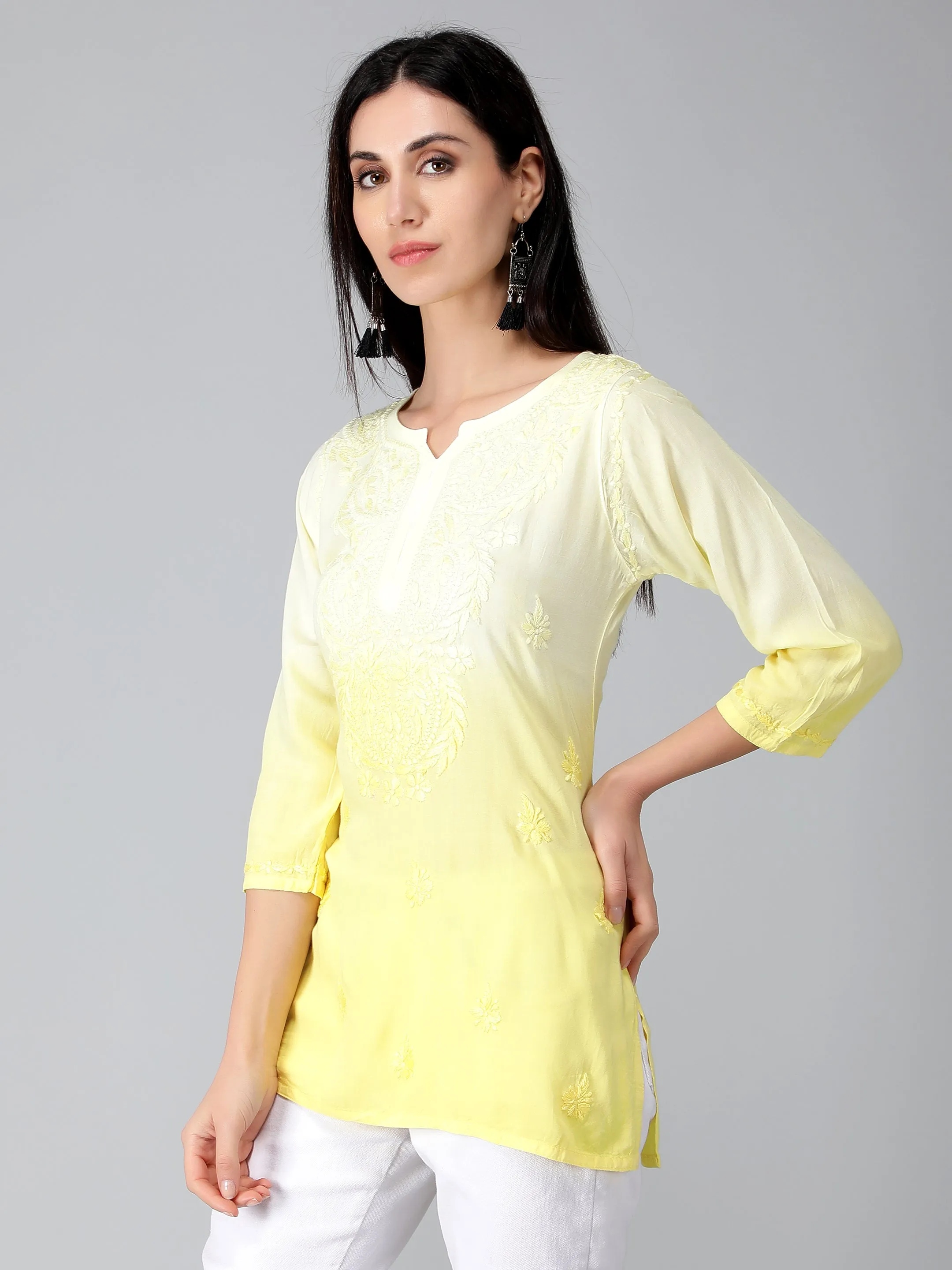 Yellow Rayon Chikankari Straight Tunic Top