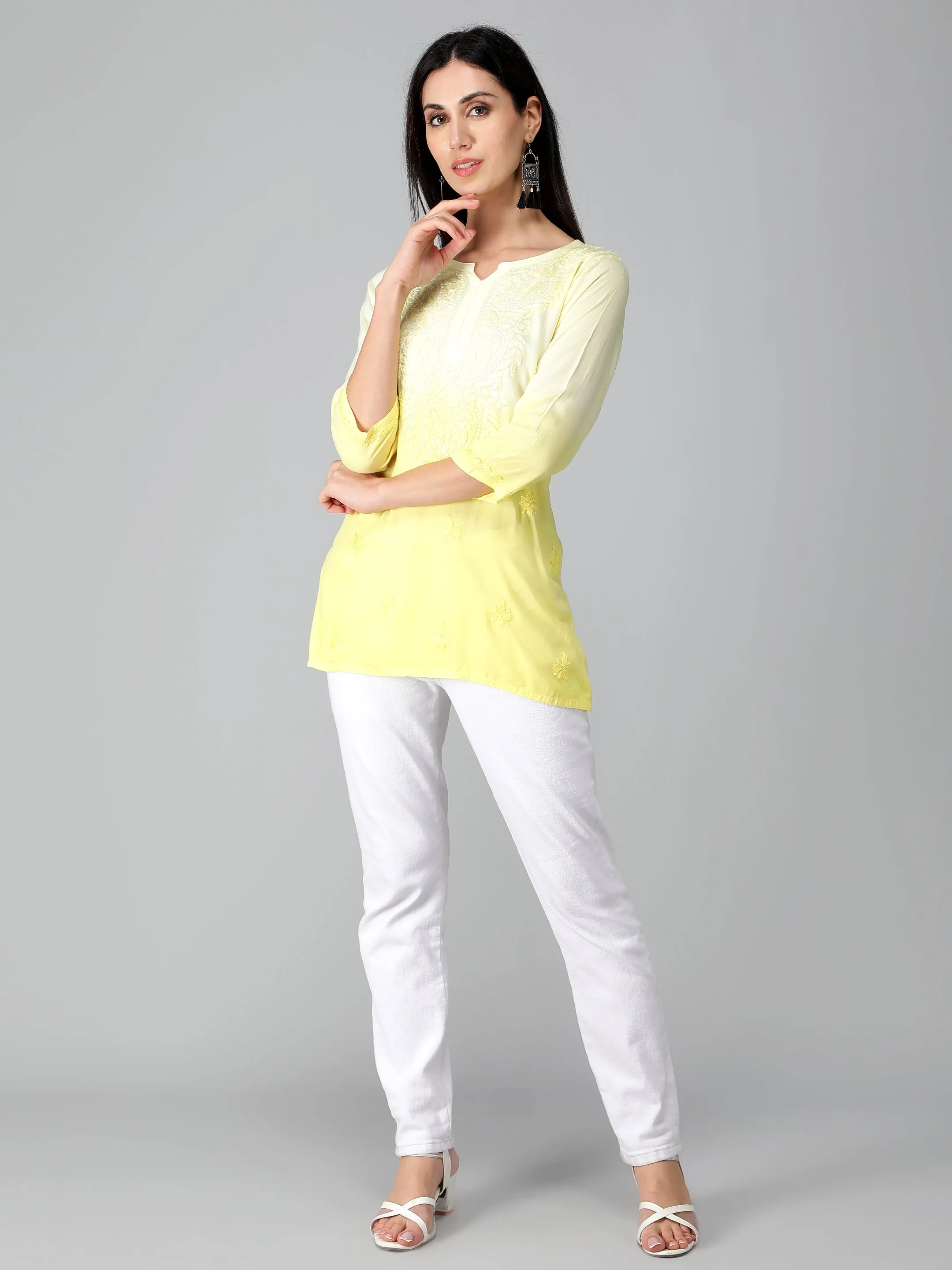 Yellow Rayon Chikankari Straight Tunic Top