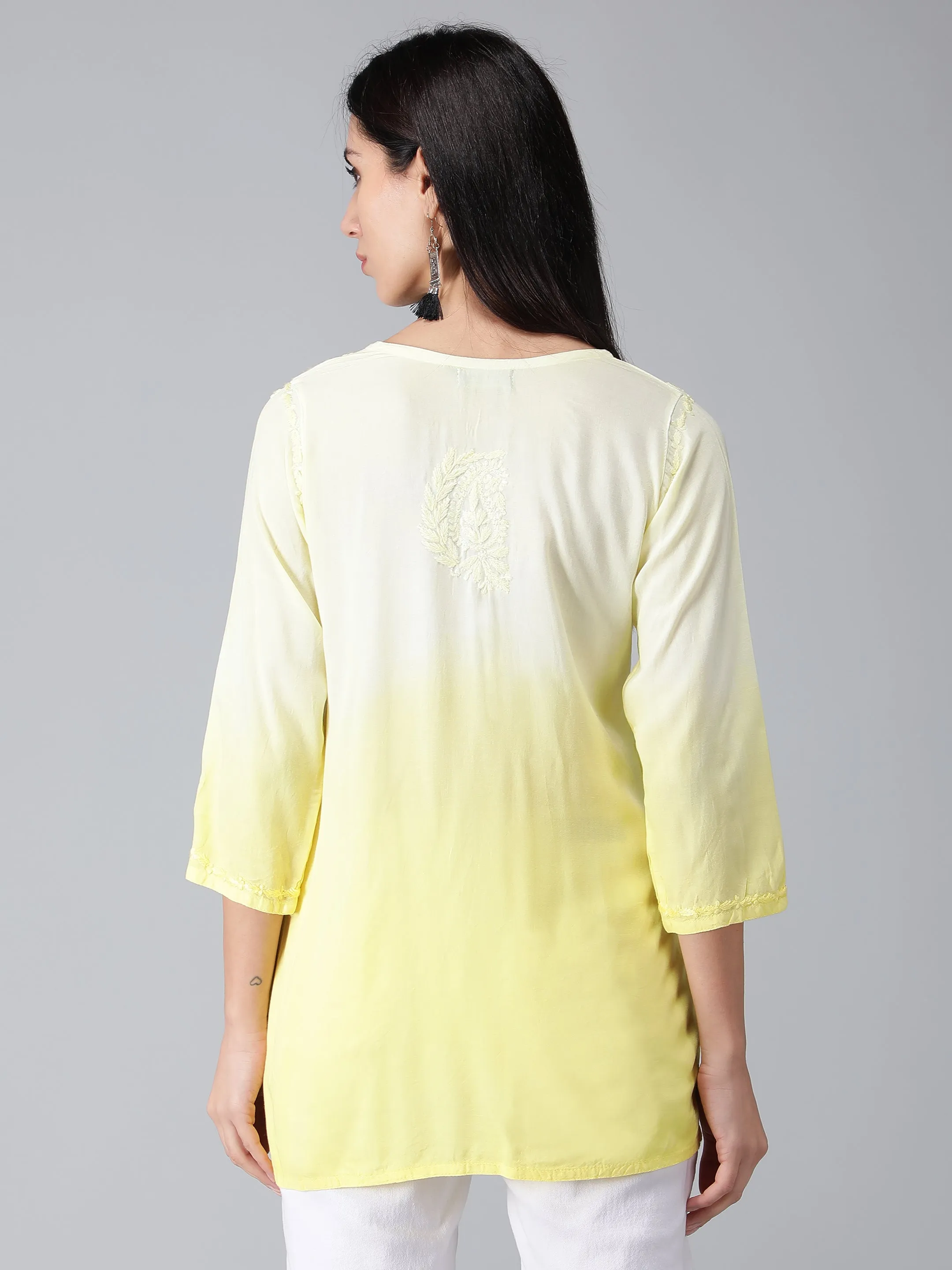 Yellow Rayon Chikankari Straight Tunic Top