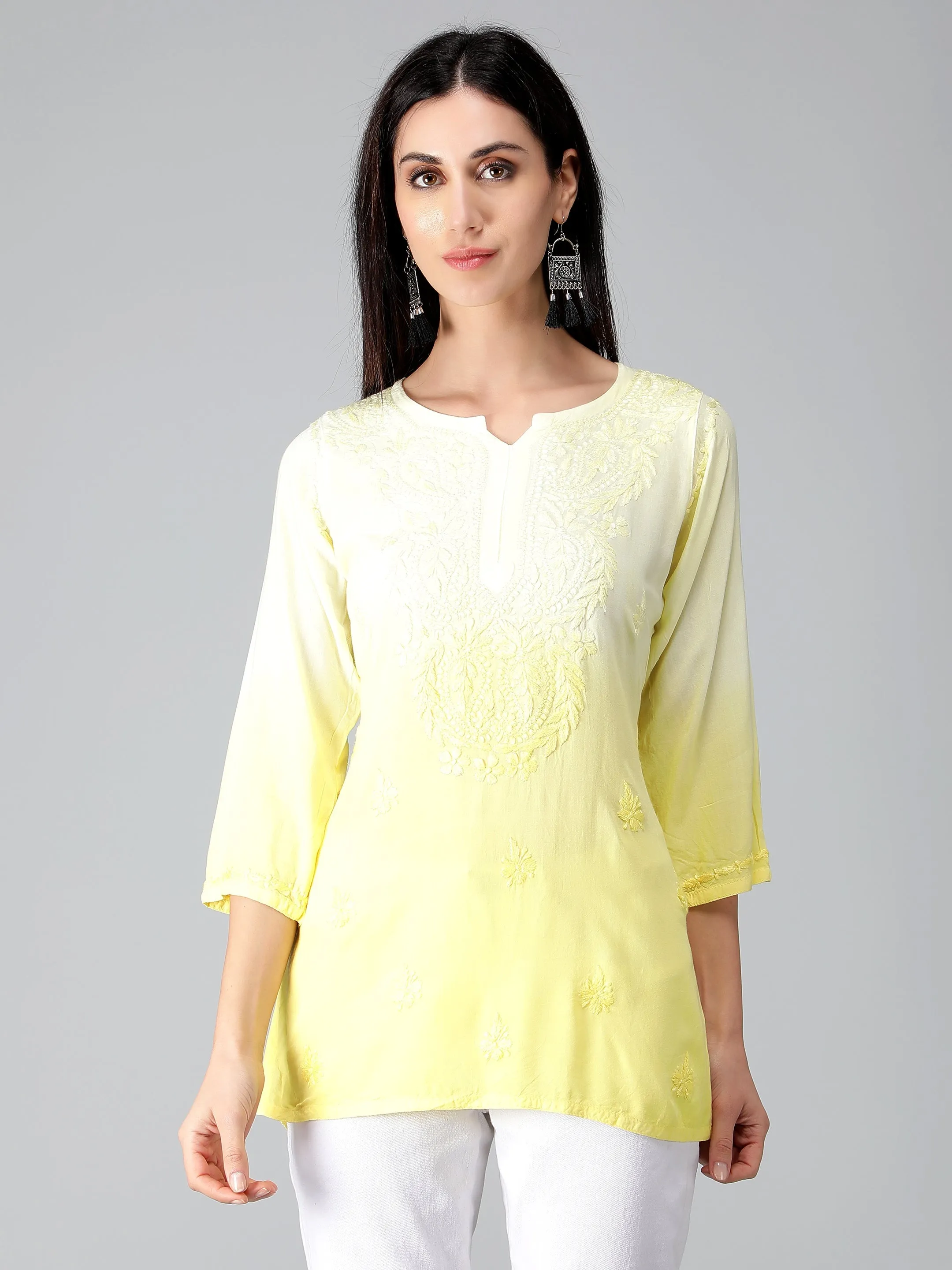 Yellow Rayon Chikankari Straight Tunic Top