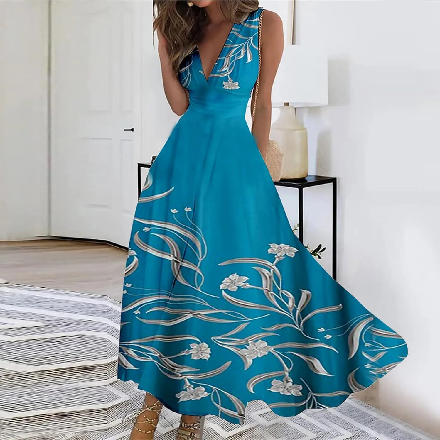 Yesunpxs Dresses for Women 2024 Wrap V Neck Flowy Ruched Maxi Dress Sleeveless Floral Printed Beach Dresses Boho Sundresses