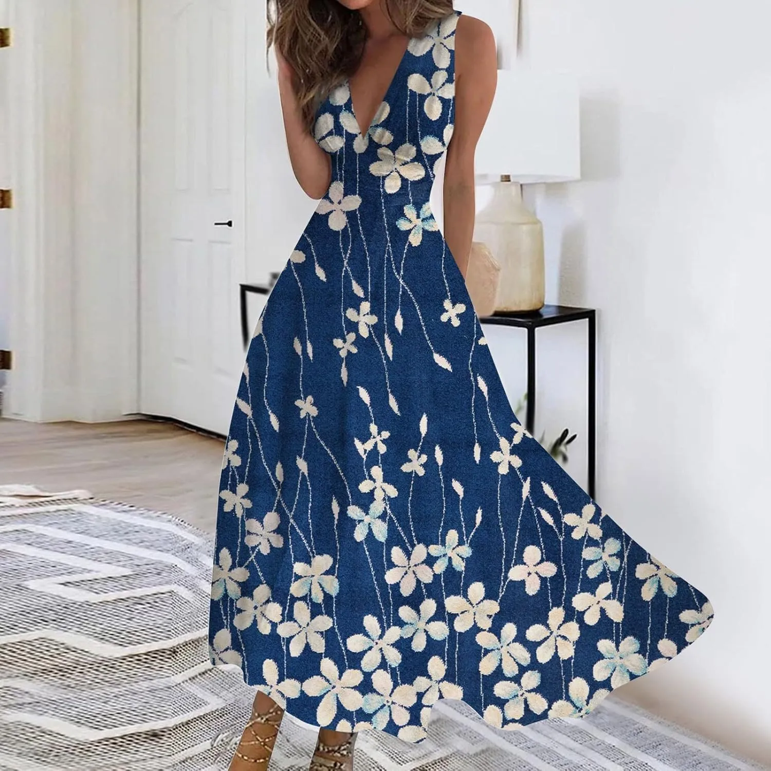 Yesunpxs Summer Dresses for Women 2024 Printed Flowy Ruched Boho Sundresses Wrap V Neck Sleeveless Beach Dresses Maxi Dress