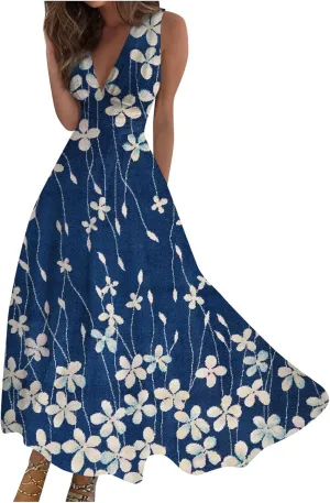 Yesunpxs Summer Dresses for Women 2024 Printed Flowy Ruched Boho Sundresses Wrap V Neck Sleeveless Beach Dresses Maxi Dress