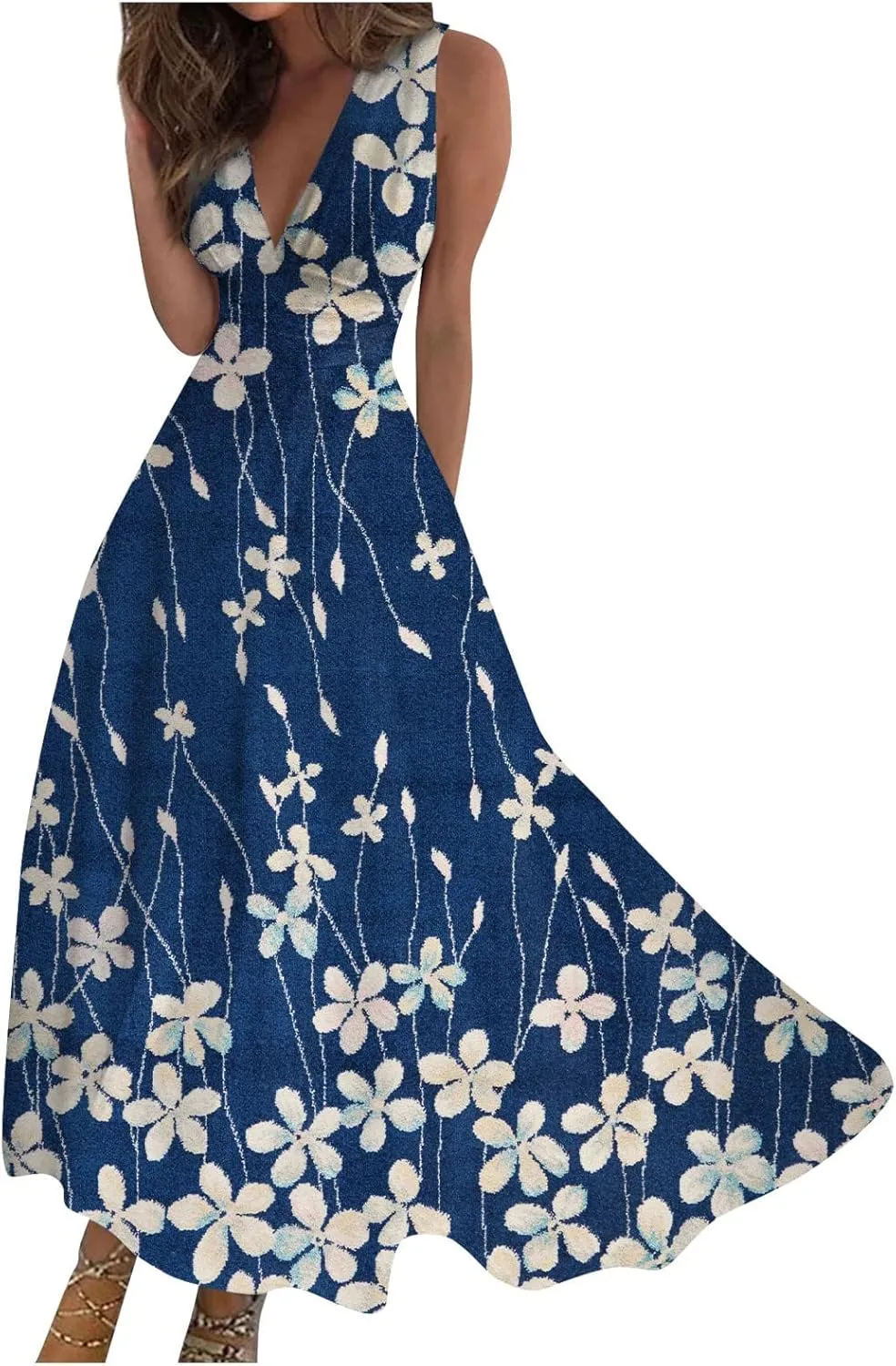 Yesunpxs Summer Dresses for Women 2024 Printed Flowy Ruched Boho Sundresses Wrap V Neck Sleeveless Beach Dresses Maxi Dress