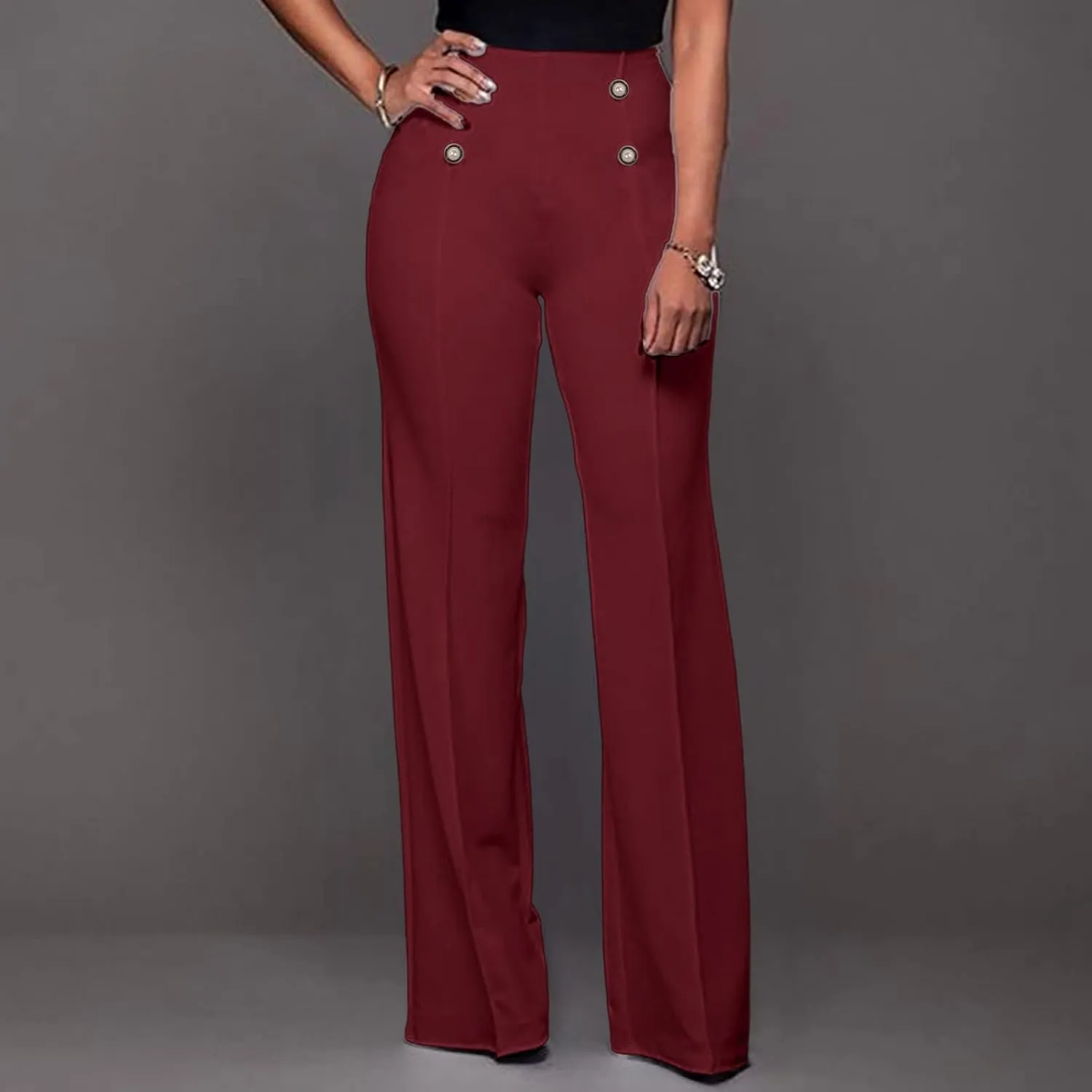 YOLAI Women Casual Wide Leg Pant High Waist Button Down Trousers Solid Color Business Work Trousers