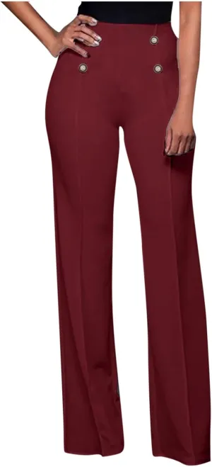 YOLAI Women Casual Wide Leg Pant High Waist Button Down Trousers Solid Color Business Work Trousers