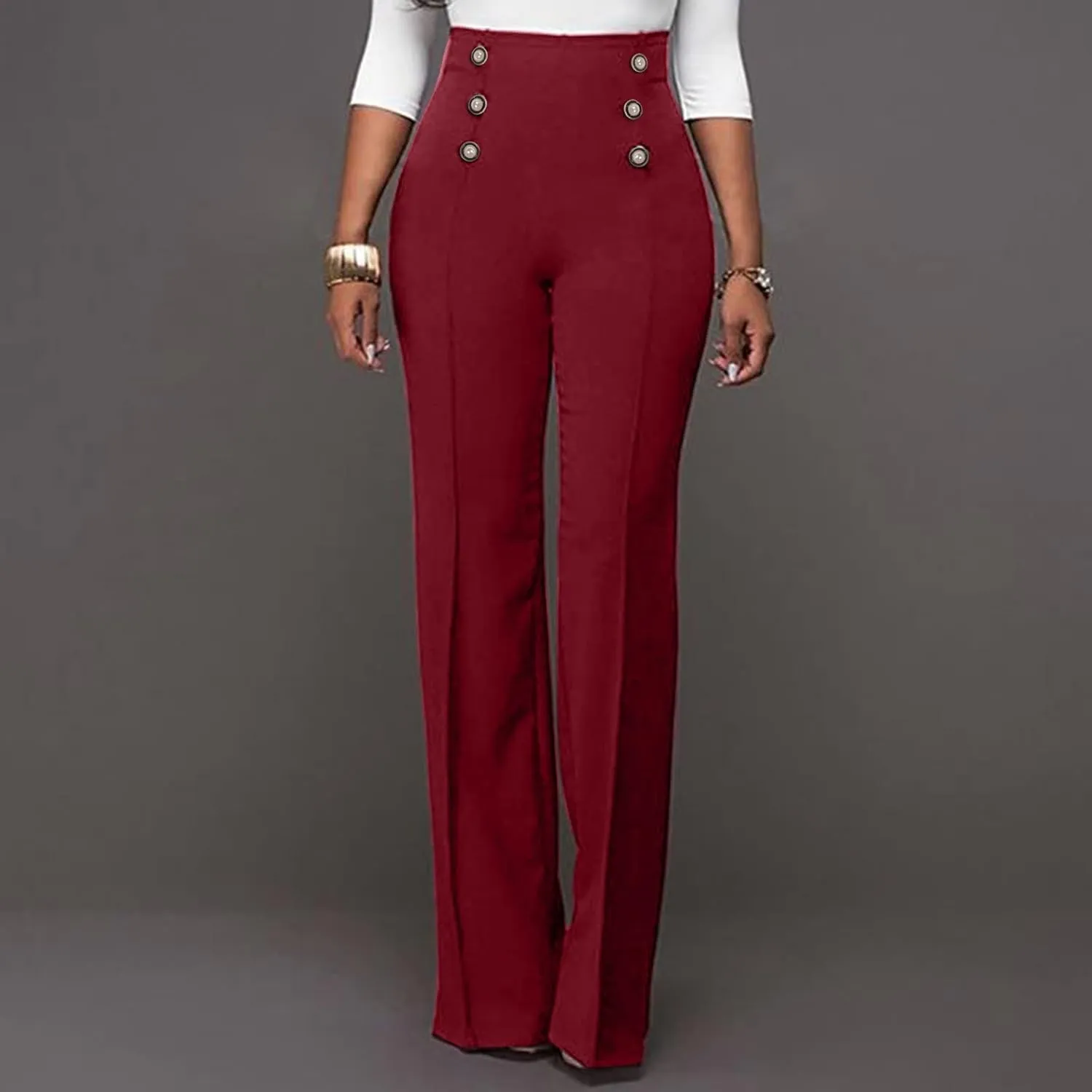 YOLAI Women Casual Wide Leg Pant High Waist Button Down Trousers Solid Color Business Work Trousers