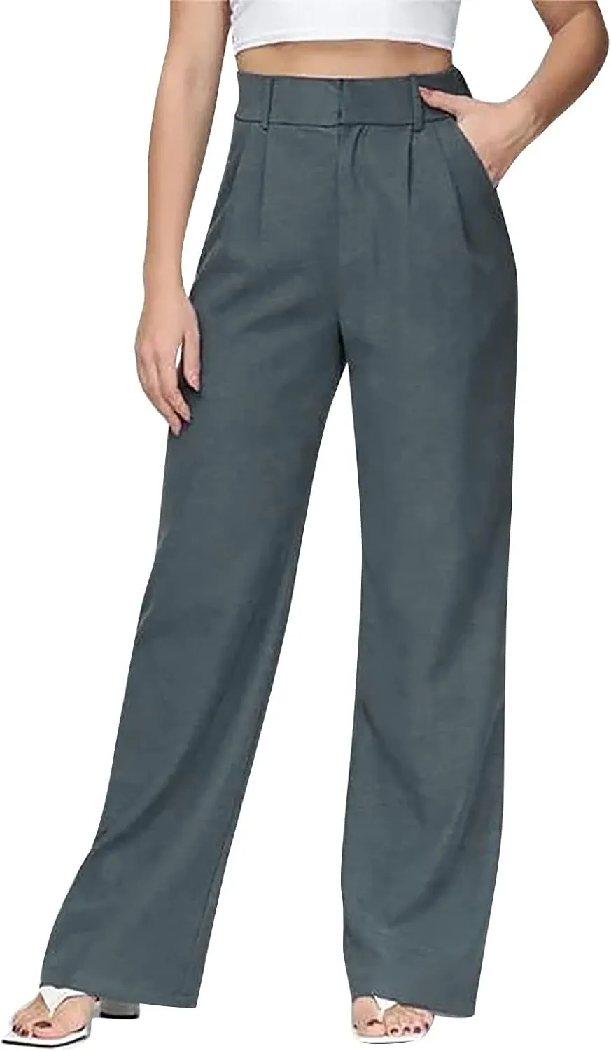 YOLAI Womens Casual Wide Leg Dress Pants High Waist Tailored Button Down Trousers Business Work Trousers with Pockets