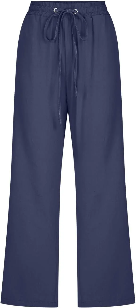 YRAETENM Capri Linen Pants for Women Summer Drawstring Elastic High Waist Lounge Pants Straight Wide Leg Cropped Trouser