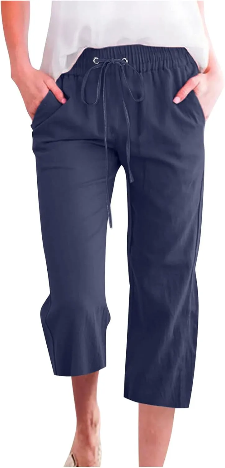 YRAETENM Capri Linen Pants for Women Summer Drawstring Elastic High Waist Lounge Pants Straight Wide Leg Cropped Trouser