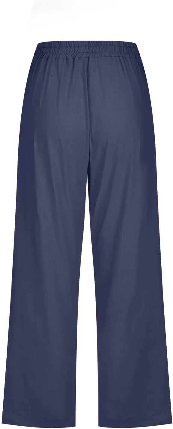 YRAETENM Capri Linen Pants for Women Summer Drawstring Elastic High Waist Lounge Pants Straight Wide Leg Cropped Trouser
