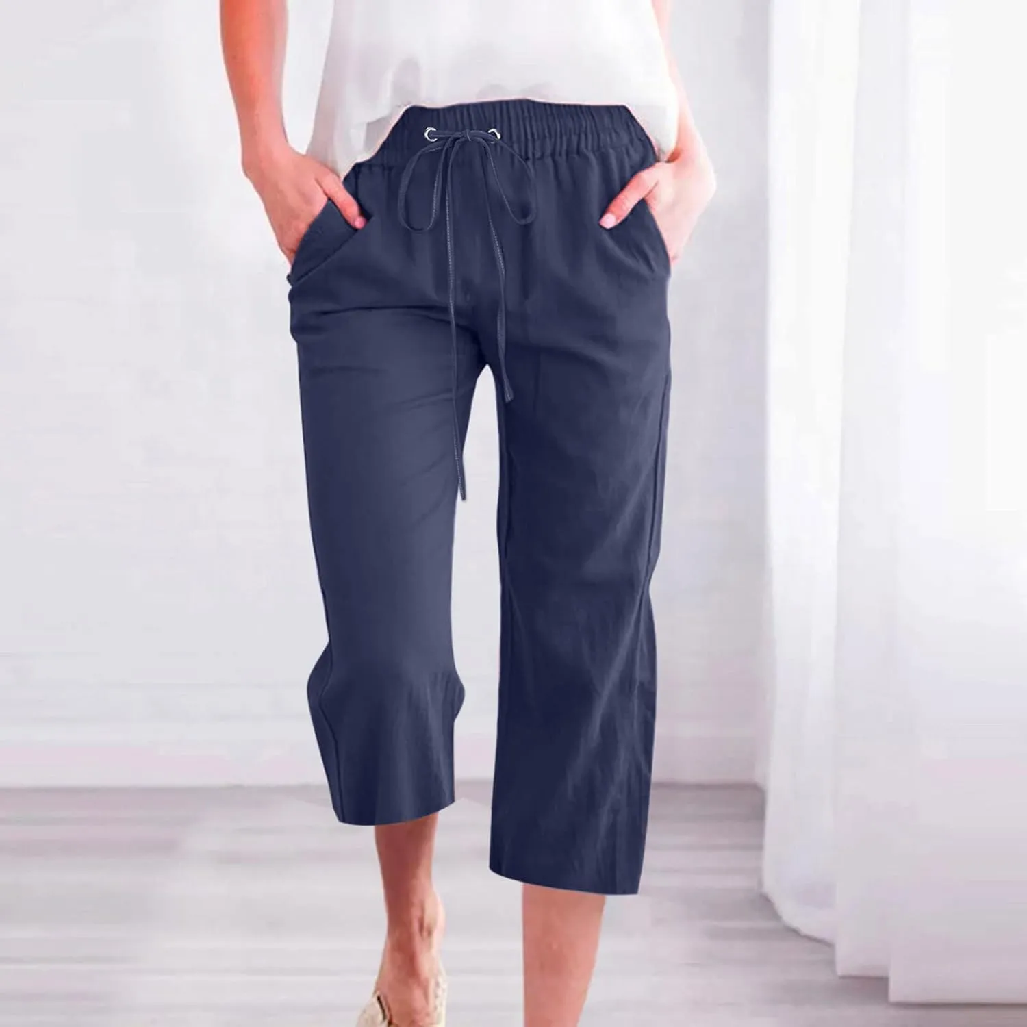 YRAETENM Capri Linen Pants for Women Summer Drawstring Elastic High Waist Lounge Pants Straight Wide Leg Cropped Trouser