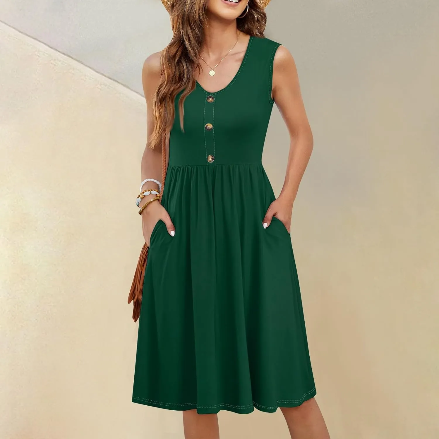 YUTANRAL Summer Dresses for Women 2025 Trendy Button Down V Neck Sleeveless Casual Loose Midi Tank Dress Resort Wear