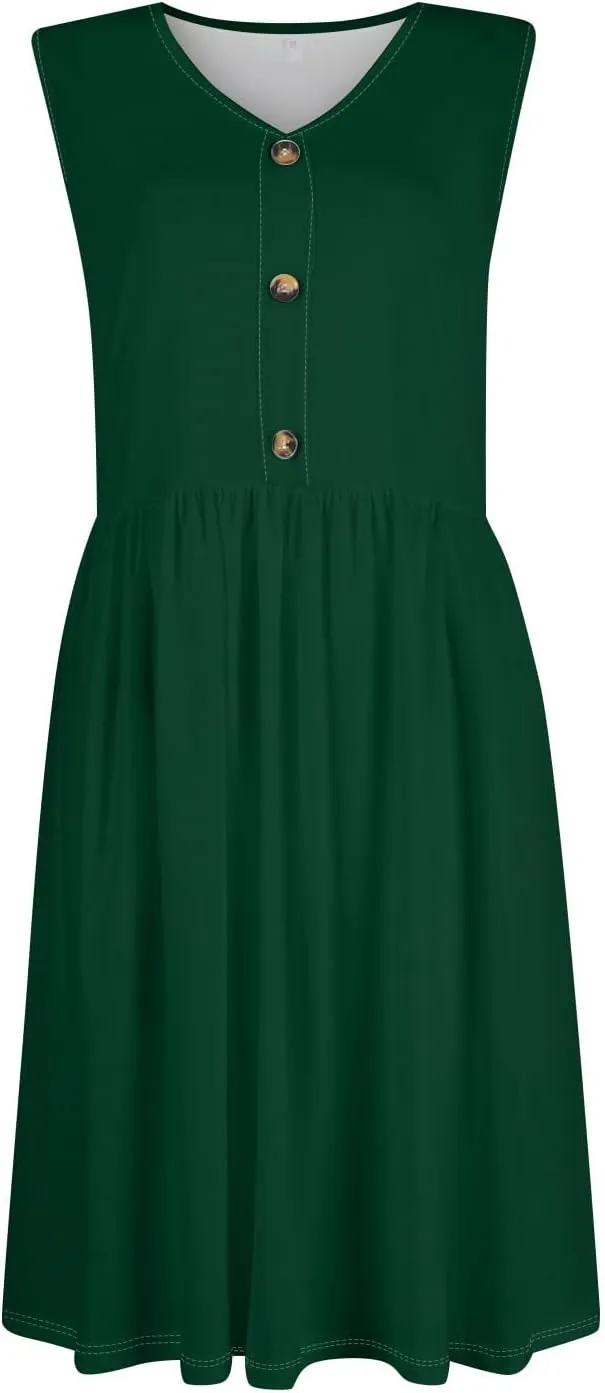 YUTANRAL Summer Dresses for Women 2025 Trendy Button Down V Neck Sleeveless Casual Loose Midi Tank Dress Resort Wear