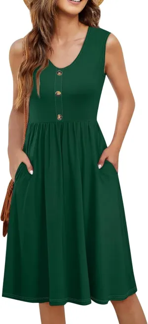 YUTANRAL Summer Dresses for Women 2025 Trendy Button Down V Neck Sleeveless Casual Loose Midi Tank Dress Resort Wear