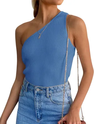 ZESICA Women's One Shoulder Tank Summer Sleeveless T Shirt Ribbed Knit Slim Fit Sexy Casual Basic Tee Tops