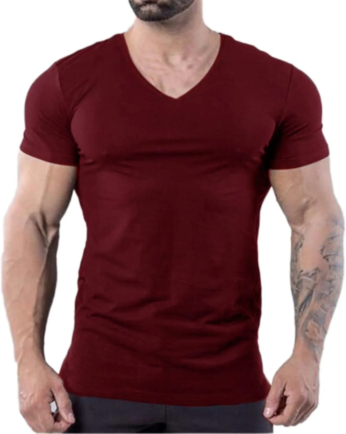 ZUEVI Men's Workout T Shirts Slim Fit Athletic Bodybuilding T-Shirts Muscle Short Sleeve V Neck Tees