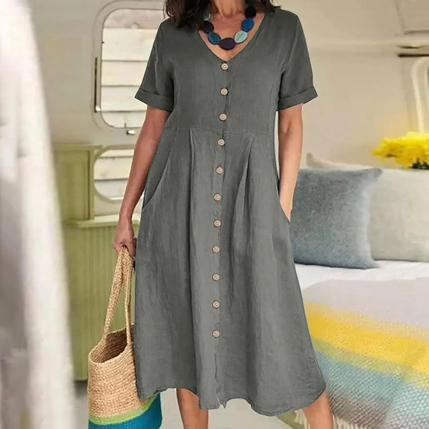 ZWRXW Cotton Linen Dresses for Women 2024 Summer Casual T Shirt Dress Short Sleeve Button Down Beach Swing Dress with Pockets