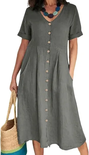 ZWRXW Cotton Linen Dresses for Women 2024 Summer Casual T Shirt Dress Short Sleeve Button Down Beach Swing Dress with Pockets