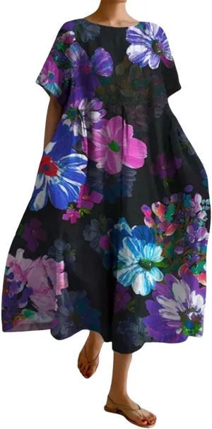 ZYXTIM Dresses for Women 2024 Casual Spring Floral Print Short Sleeve Summer Dresses Plus Size Tie Dye Fashion Maxi Dress