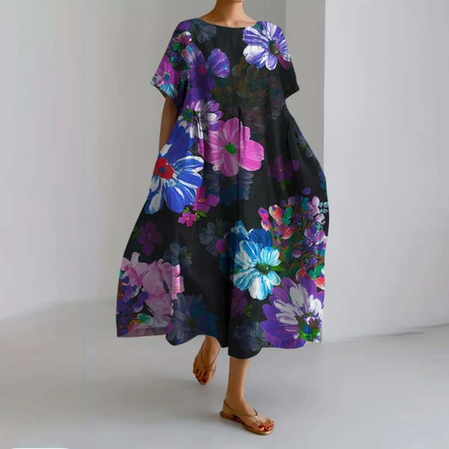 ZYXTIM Dresses for Women 2024 Casual Spring Floral Print Short Sleeve Summer Dresses Plus Size Tie Dye Fashion Maxi Dress