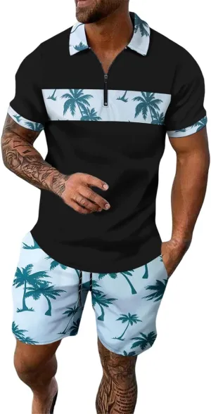 ZYXTIM Men's Hawaiian Tracksuit 2 Piece Sets Coconut Printed 1/4 Zipper Short Sleeve Henley Shirts Casual Shorts Sweatsuits