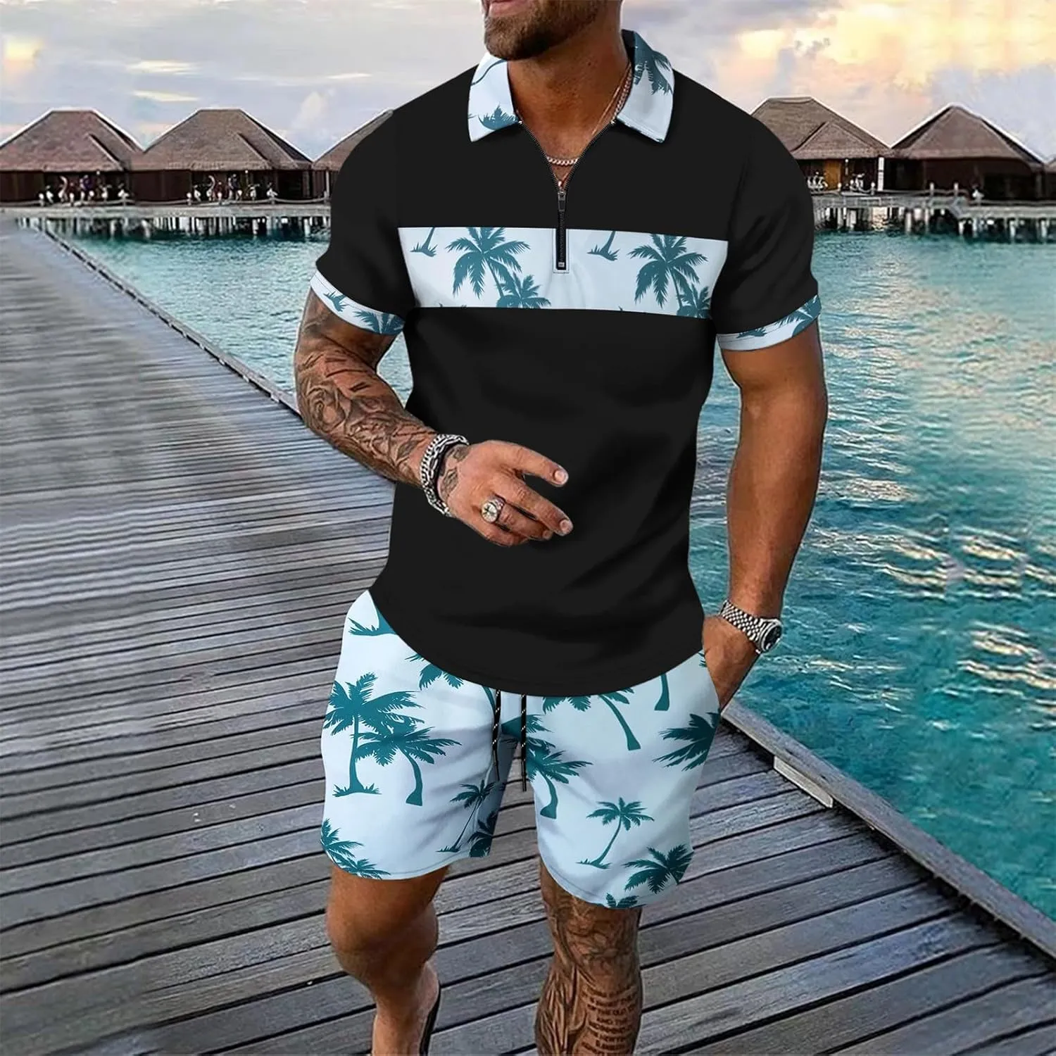 ZYXTIM Men's Hawaiian Tracksuit 2 Piece Sets Coconut Printed 1/4 Zipper Short Sleeve Henley Shirts Casual Shorts Sweatsuits